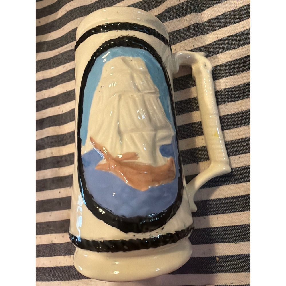 Vintage Nautical Ceramic Beer Stein Hand Painted Sailing Ship Anchor Ivory Mug